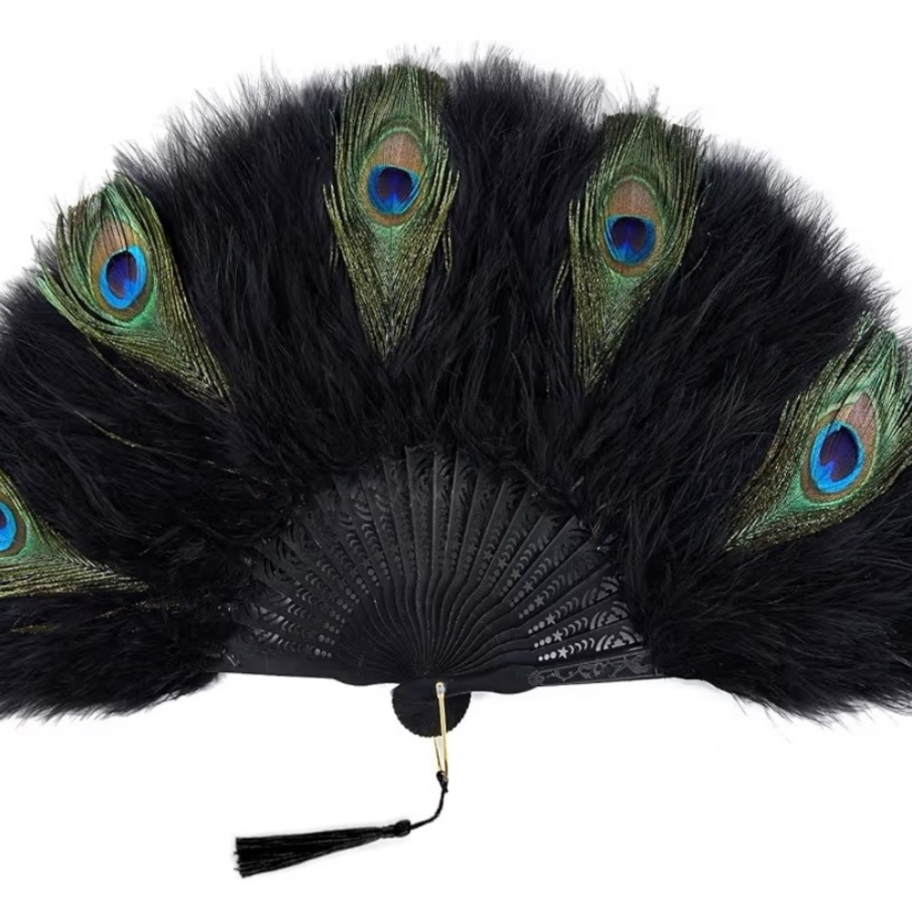 Black Feather Hand Fan with Peacock Eye Accents
